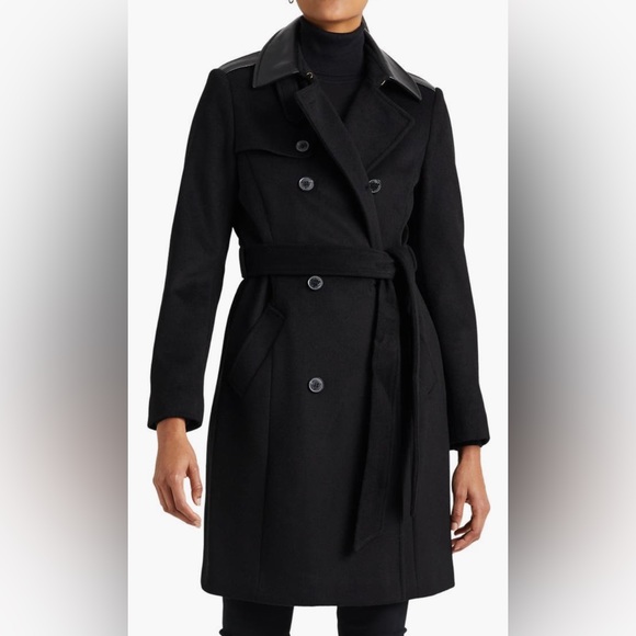 Lauren Ralph Lauren Tie Waist faux Leather Trim Wool Blend Coat size 12 - Picture 1 of 10